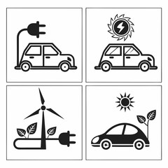 Naklejka premium Collection of ecological transportation icons including electric cars charging plugs wind turbines and solar energy symbols for green environment art