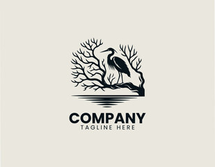 Obraz premium Heron Bird Tree Silhouette Minimalist Black Vector Logo Nature Wildlife Desig