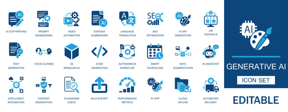 Generative AI and content automation icon set. Featuring prompt engineering, artificial intelligence art generation, smart chatbot assistant, and code optimization symbols.