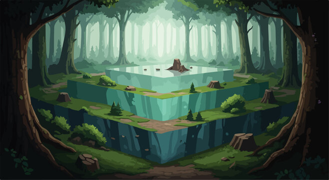 Isometric forest landscape with tiered floating platforms, mystical woodland background with glowing light, fantasy game environment vector illustration
