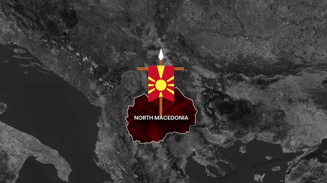 animated national flag banner displaying the sun symbol over the North Macedonia map footage