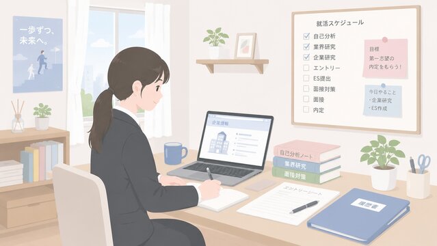 就活スケジュール表の前でノートパソコンで企業研究をする女性のイラスト