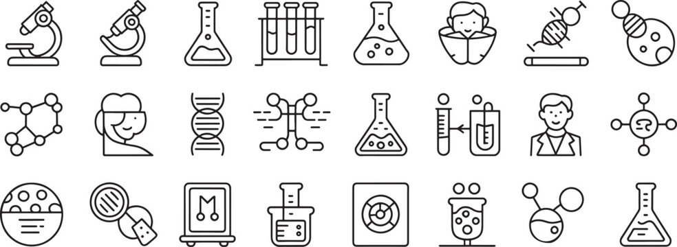 Science Lab Icons Traced Set with Microscopes, Flasks, Dna, Beakers, Chemist, and Test Chemistry Symbols in Line Art