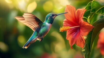 Fototapeta premium close up of hummingbird feeding from tropical flower, generative ai
