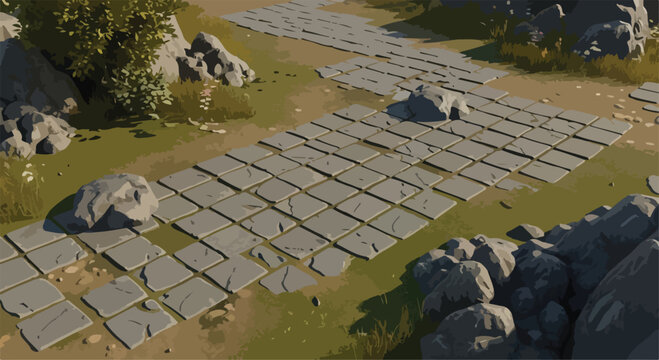 Isometric stone path vector, ancient ruins flagstone walkway with grey rocks and green grass, stylized game environment landscape background