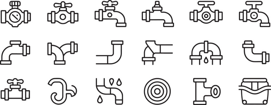Faucet and Plumbing Valve Icons Set with Water Flow, Target Control, and Hand Drawn Style Outlines Featuring Pipe, Tap, Sprinkler with Drain