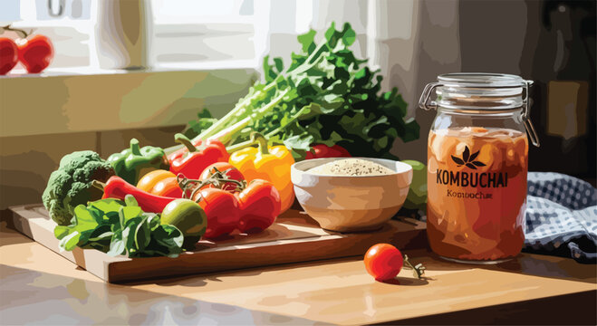 Kombucha fermented tea in glass jar with fresh organic vegetables, healthy probiotic drink on wooden kitchen counter, raw vegan ingredients for wellness