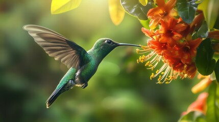 Fototapeta premium close up of hummingbird feeding from tropical flower, generative ai