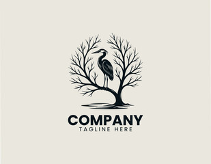Obraz premium Heron Bird Tree Silhouette Minimalist Black Vector Logo Nature Wildlife Desig