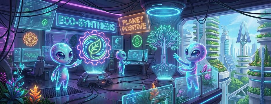 Adorable aliens in a niche concept Adorable aliens in a neon lab pioneer eco synthesis, a solarpunk vision of green technology creating a planet positive, sustainable city with vertical gardens