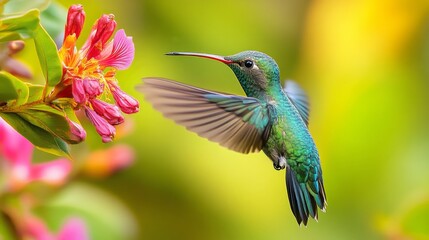 Fototapeta premium close up of hummingbird feeding from tropical flower, generative ai