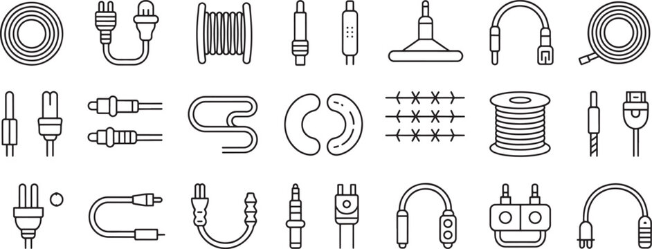 Electronics Plug Icon Set with Outlines of Power Adapters, Cables, Ports, and Connectors in Simple Black Style