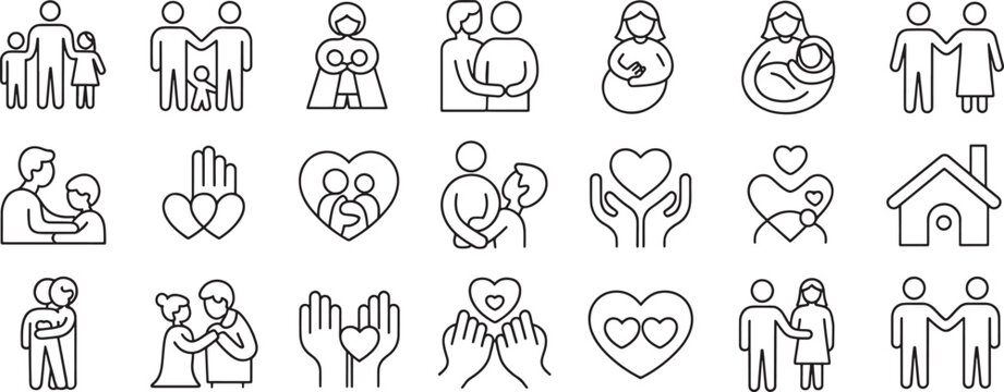 People Love and Care Icons Set with Hearts, Families, and Supportive Gestures in Black Outline Style