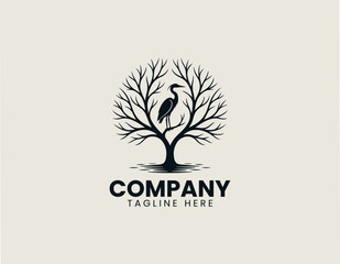 Obraz premium Heron Bird Tree Silhouette Minimalist Black Vector Logo Nature Wildlife Desig
