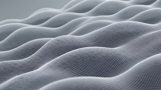 Minimalist grey 3D undulating mesh surface with soft lighting and shadows.