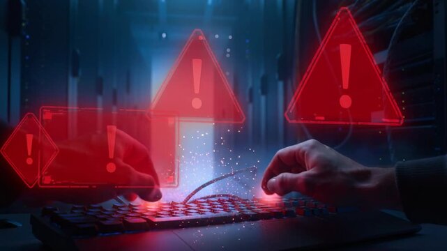 Cybersecurity threat warning with hacker hands typing on keyboard and red alert symbols in dark server room