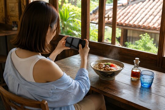 Young woman photographing Okinawan soki soba at a traditional restaurant during a summer vacation
