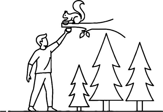 Playful squirrel interacting with human near pine trees.
