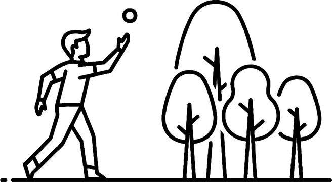 Young man throwing a ball outdoors near trees.
