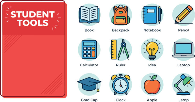 Set of student tools, educational icons, and school supplies for learning and study