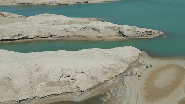 Landscape of Yardang landforms with blue lakes in Qinghai province, China