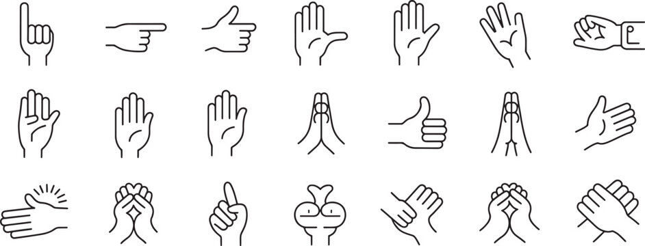 Hand Gestures Icons Set Showing Thumbs Up, Victory Sign, Praying Hands, Waving, and Peace Symbol in Clean Line Art
