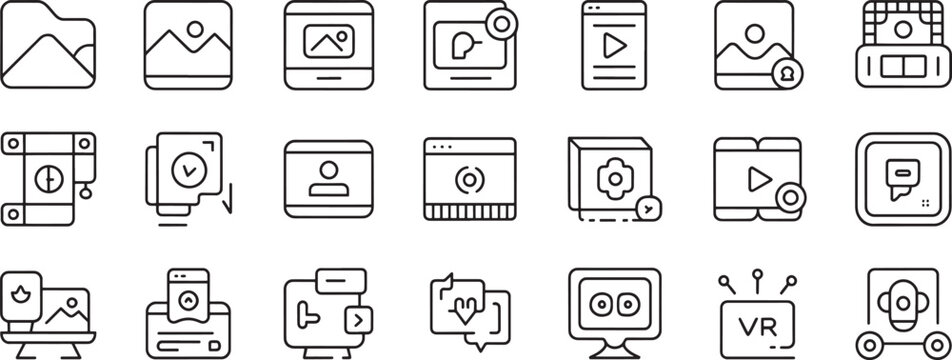 Computer File Folder Icons Set with Images, Video, Cloud, and Web Browser Interface Line Art for Ui Design