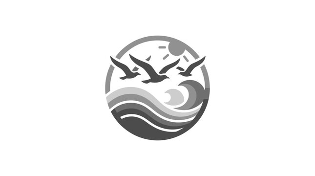 Minimalist circular wave and soaring birds logo element.