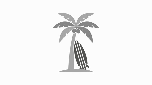 Minimalist palm tree and surfboard on a beach patch.