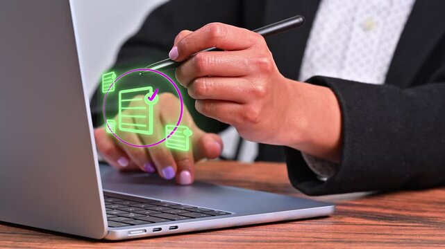 Digital document management and file validation on a laptop. Floating document icon interface