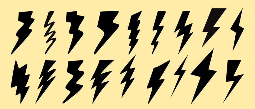 Lightning bolts silhouettes set and electrical thunder strikes. Vector illustration of weather flash symbols, high voltage warning signs, and dynamic power energy icons.