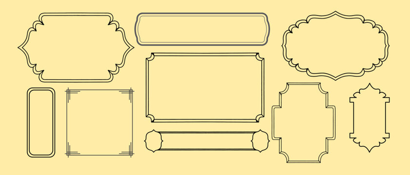 Elegant vintage frame outlines and ornate border vector set. Delicate linear frames, wedding invitations templates, classic filigree label borders, and retro text boxes.