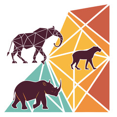 Stylized geometric wildlife art showcasing elephant rhino and panther on vibrant polygonal shapes with clean white lines for contemporary branding © cat