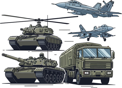 Military Combat Vehicle And Aircraft Collection Vector Illustration