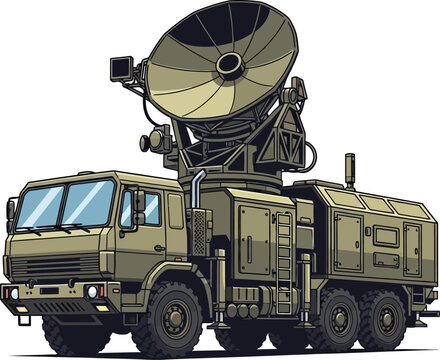 Military Radar Communication Truck Vector Illustration Front 3/4 View