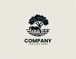 Obraz premium Horse Grazing Tree Landscape Silhouette Minimalist Black Vector Logo Nature Farm Design
