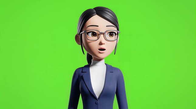 Animated 3d businesswoman character with glasses talking and reacting with surprised and smiling expressions on a green screen key background
