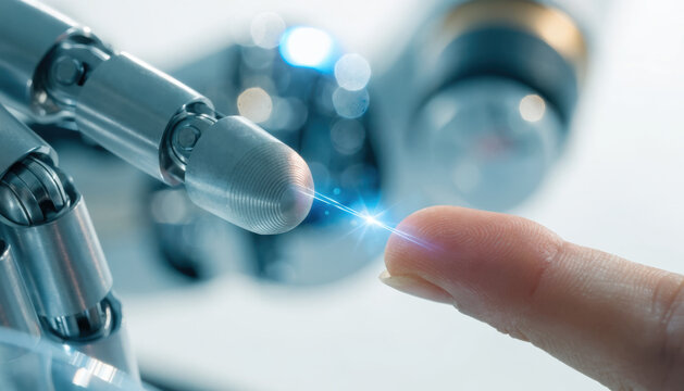 Robot finger touching human finger with blue light representing secure operational technology connection and interaction