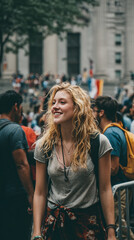 Fototapeta premium Realistic city crowd walk, students bonding, blonde woman joy