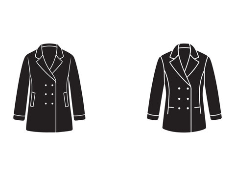 Two black coats with white outlines and buttons on a white background  doublebreasted jackets with lapels and pockets