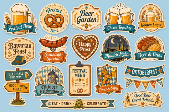 A collection of vintage-style Oktoberfest celebration stickers and labels featuring beer, pretzels, sausages, and traditional Bavarian elements.