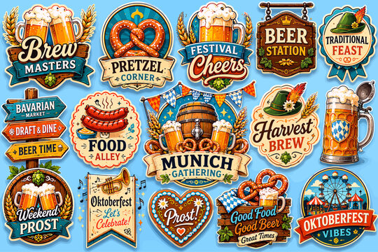 A vibrant collection of Oktoberfest-themed labels and badges featuring beer, pretzels, sausages, and Bavarian cultural elements.