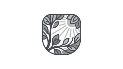 Fototapeta premium Rounded square emblem featuring a leafy branch and sun.