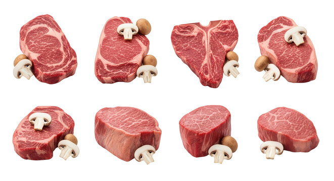 assortment of fresh cut raw beef steaks with mushrooms on a white backdrop culinary advertising or recipes