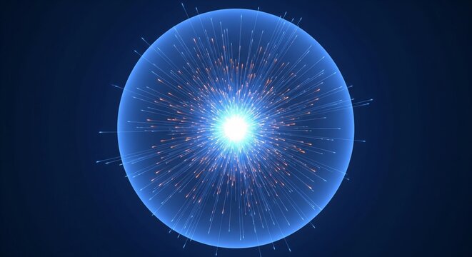 Blue energy sphere explosion with glowing particles and light trails on a dark background for science and technology concepts