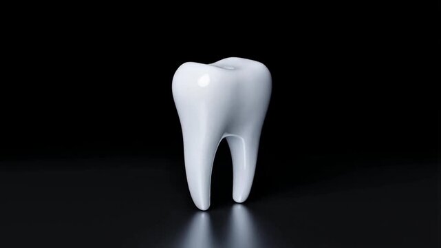 A clean white human tooth slowly spinning in the center against a pure black background, realistic enamel texture with subtle reflections, large empty copy space surrounding the object