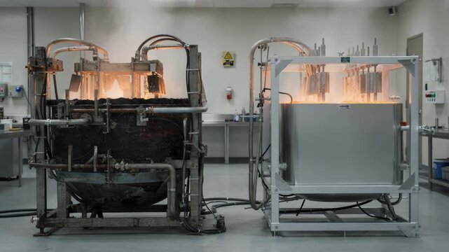 Medium shot capturing a pilot cell setup comparing inert anode cells with conventional pots focusing on distinct cell designs and operational contrasts in an industrial lab