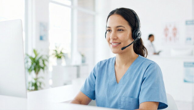 Healthcare professional providing customer service with headset in bright clinic office for patient support or telehealth assistance