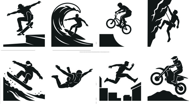 Extreme sports and outdoor adventure black silhouettes set featuring skateboarding surfing bmx rock climbing snowboarding and motocross