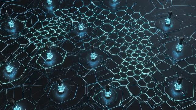 Futuristic hexagonal grid of glowing blue micro towers illuminates, signifying seamless 5g small cell network coverage expanding and overlapping in a dynamic, interconnected
